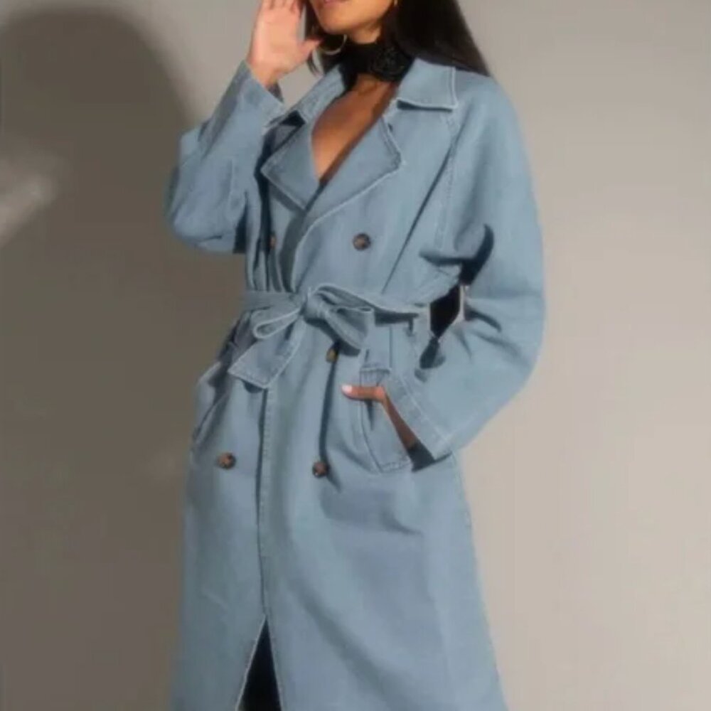 NWOT 12th Tribe Cassis Light Wash Denim Trench Coat